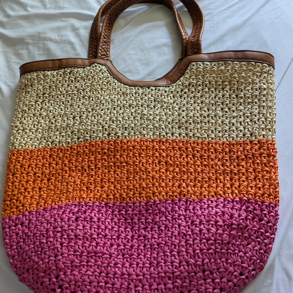 Vibrant Pink and Orange Straw Tote with Leather Handles